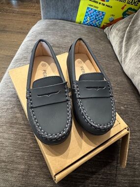 Navy Penny Loafers with Braided Trim